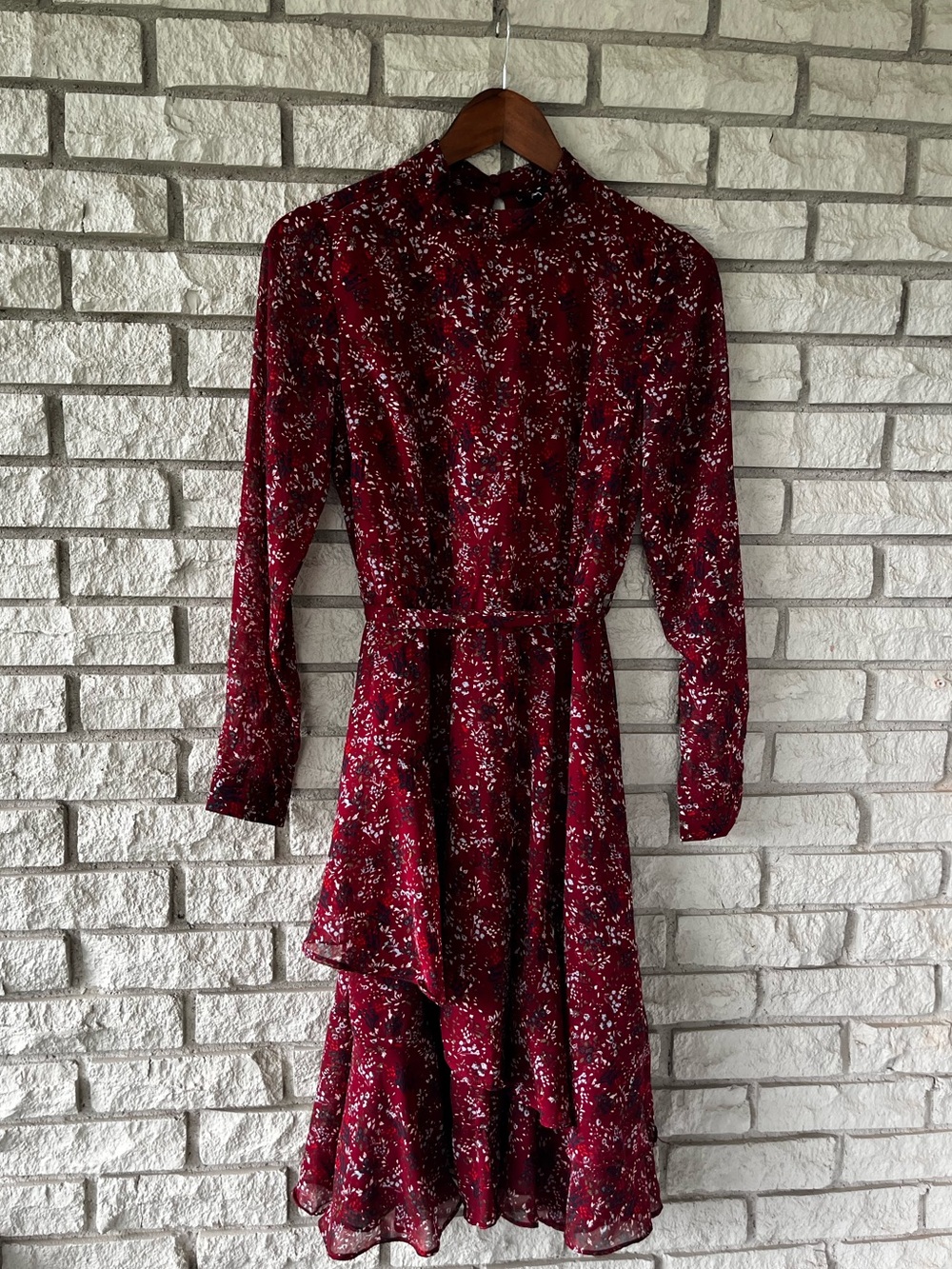 Vero Moda Maroon Gauzy Floral Belted Fit And Flare Camille Dress Size Small